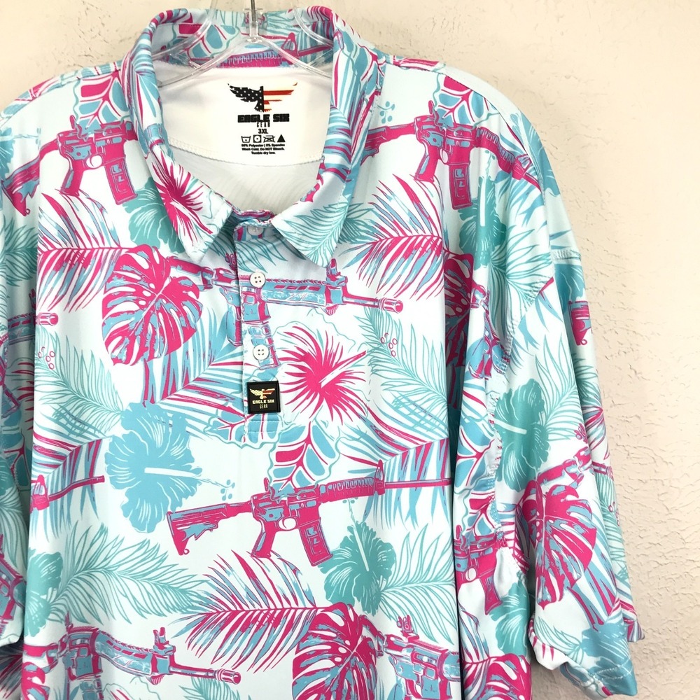 Eagle Six Gear Polo Shirt Mens 3XL Golf Jungle AR Rifles & Tropical Flowers‎ AOP